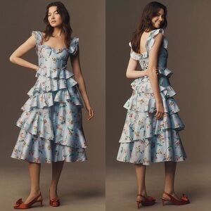 Anthropologie BHLDN Sydney Corset Fit and Flare Ruffle Floral Taffeta Midi Dress